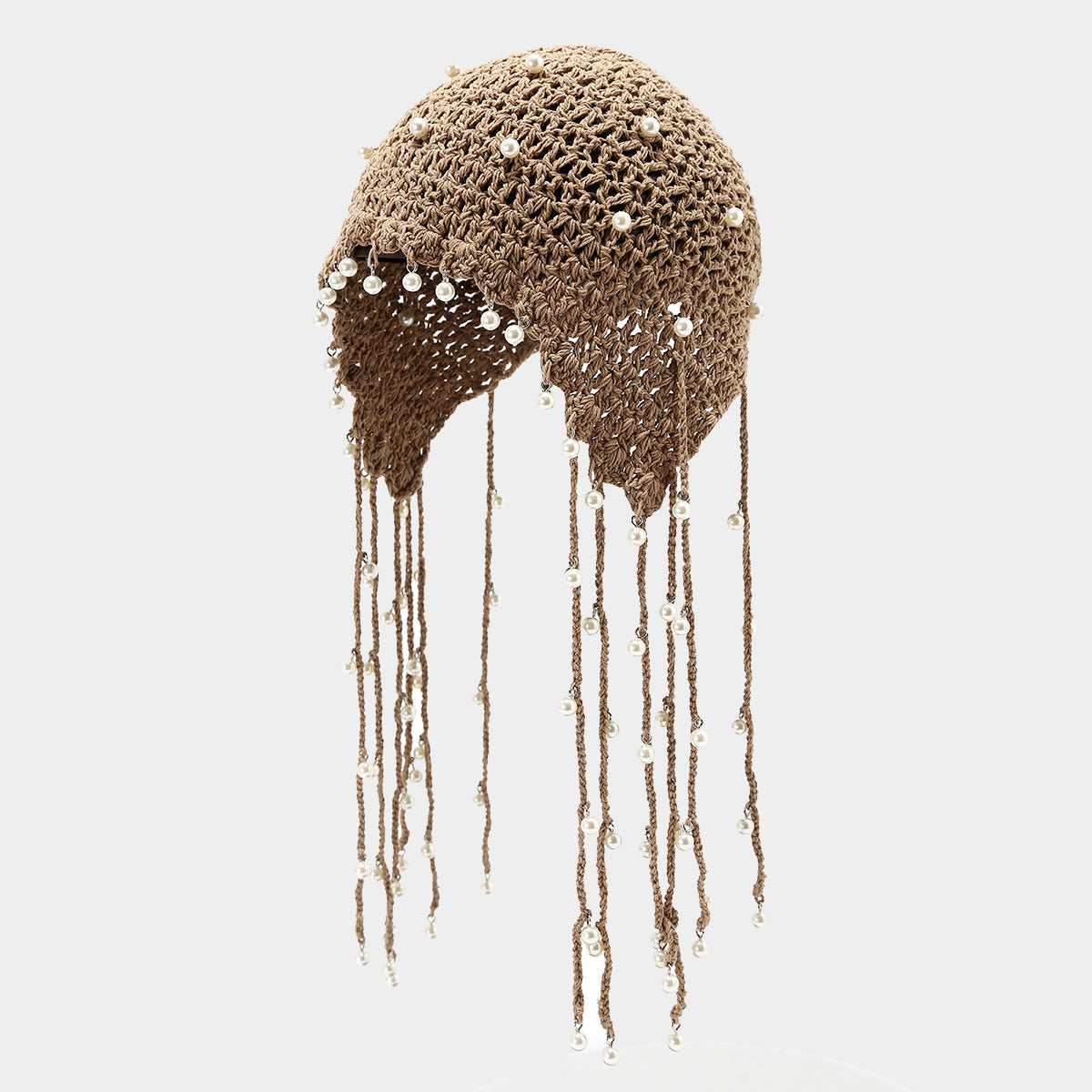 Boho Pearl Tassel Hollow Out Knit Beanie Cap 8BK6HAT203T