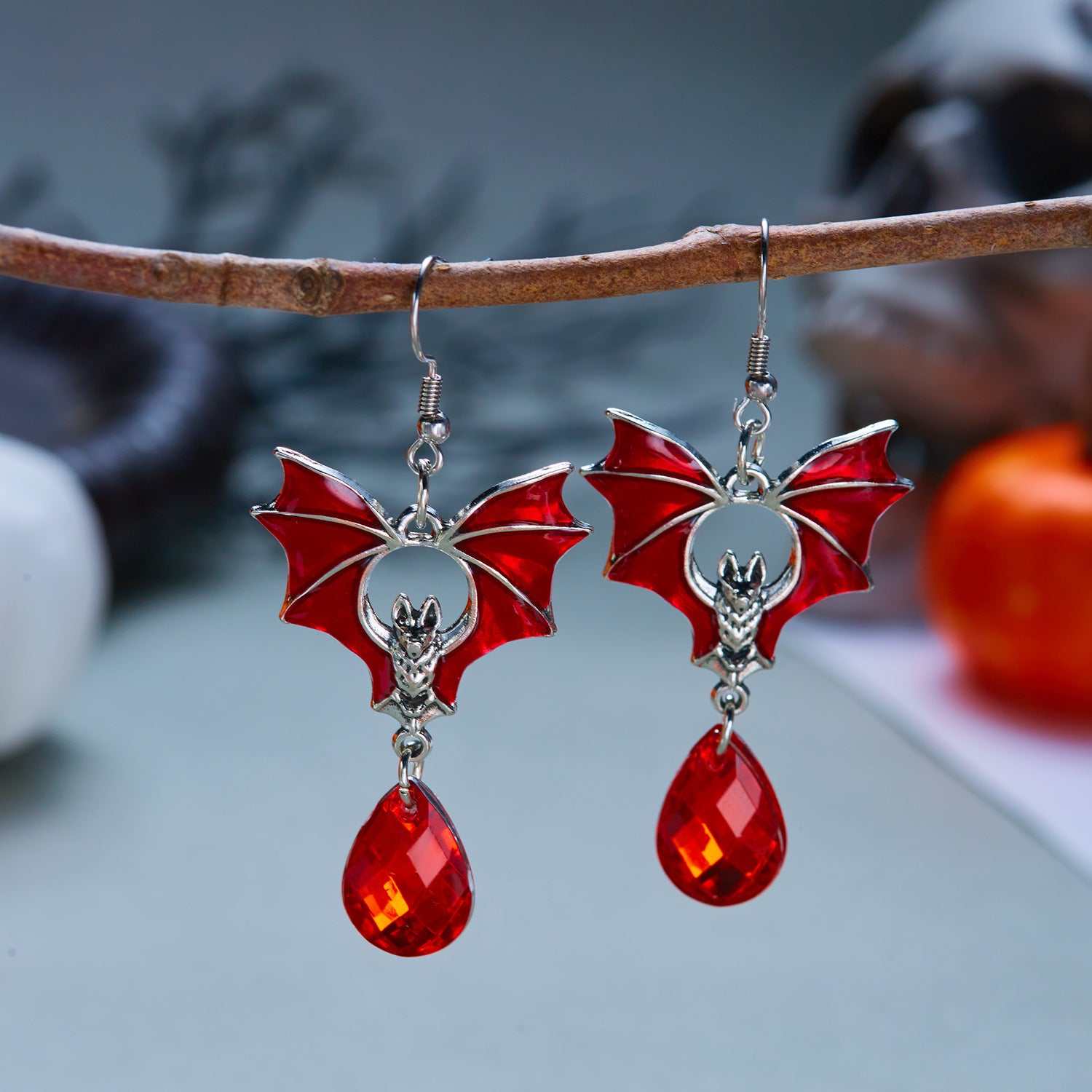 Halloween Red Crystal Bat Dangle Earrings 6W6JER549