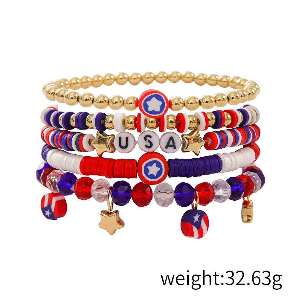 Stylish USA Flag Elastic Beaded Chain Bracelets Set 8ZA6JBR301L