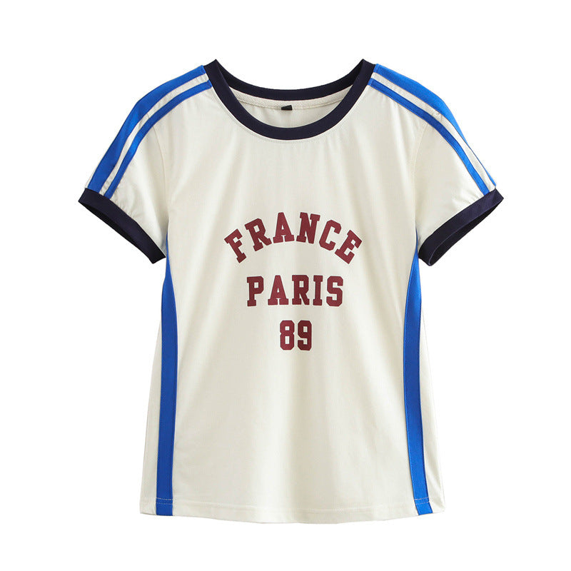 Round Neck Short Sleeve Striped Printed Top DP25D418