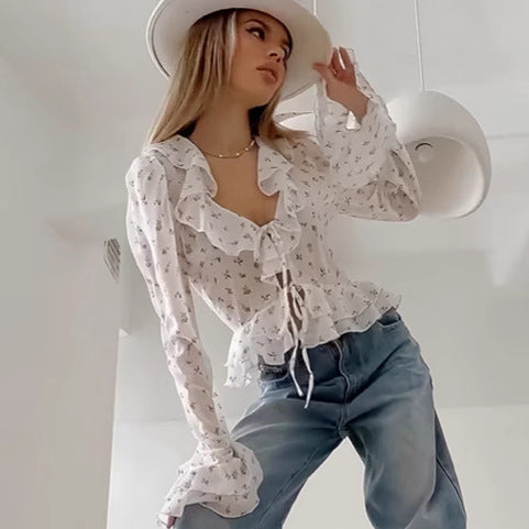 Flounce Print V-Neck Sexy String Tie Top DP25A658