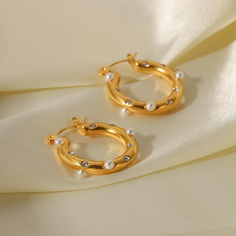 Rhinestone Pearl Hoop Earrings - DippedShop Wholesale - #0451