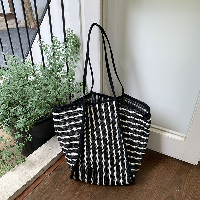 Vintage Striped Hollow Straw Woven Shoulder Bag MK2BLW6W10BBG586
