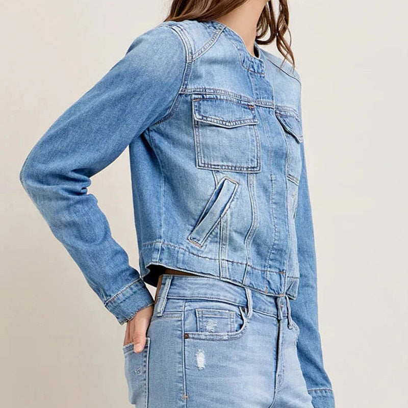 Vintage Crew Neck Denim Cropped Jacket DP25E822