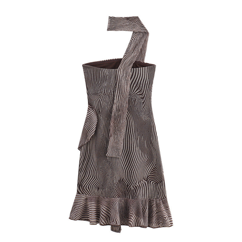 Vintage Striped Print Layered Halter Mini Dress DP25C969