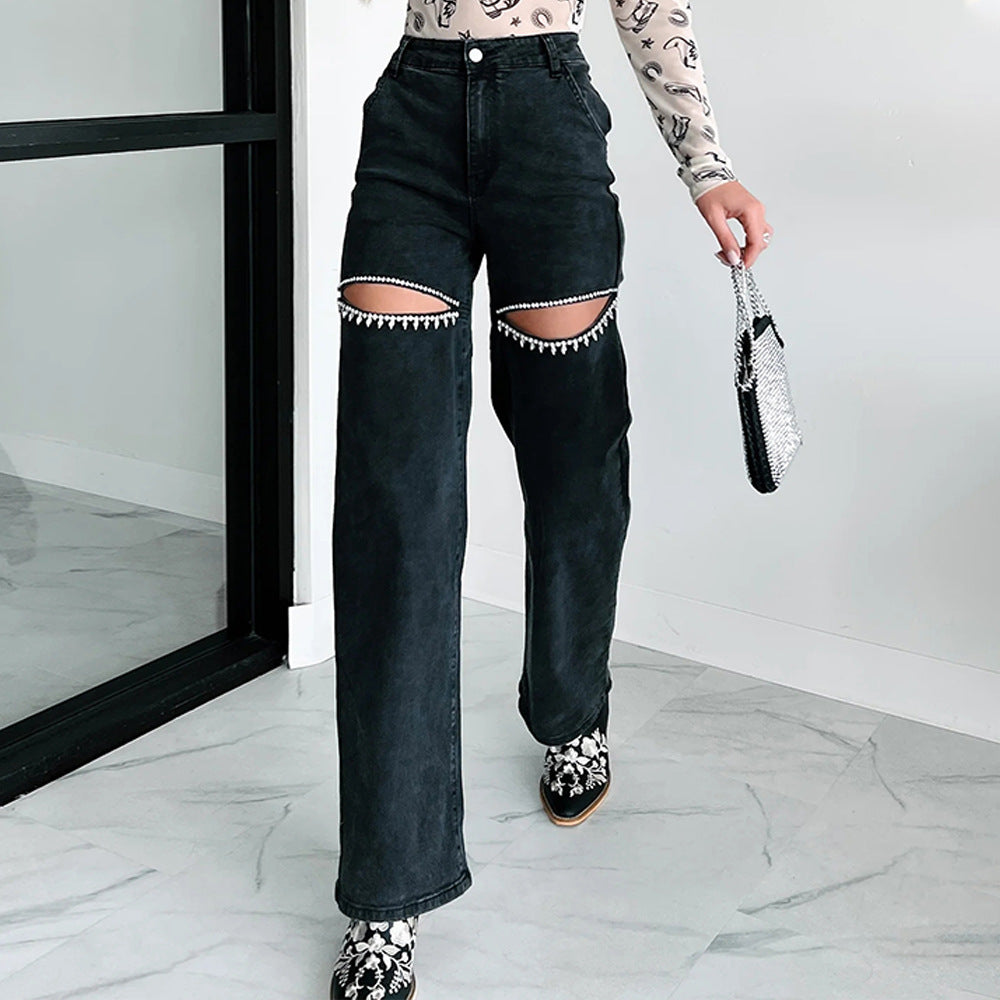 Trendy Ripped Rhinestone Stud Staight Leg Jeans DP25E461