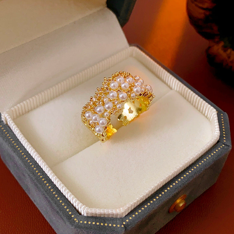 Luxury Pearl Gold Plated Cubic Zirconia Open Ring 6W6JRG383