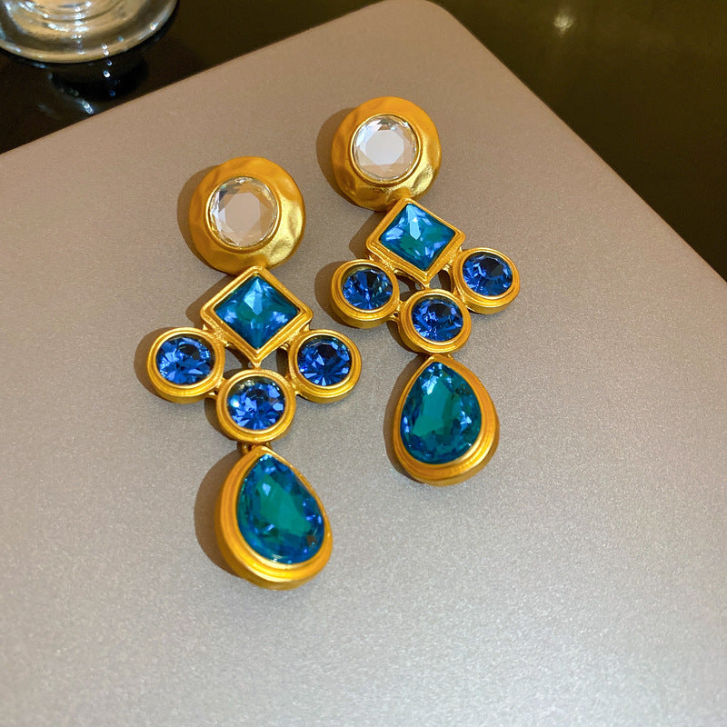 Retro Blue Rhinestone Crystal Dangle Earrings 6W6JER711