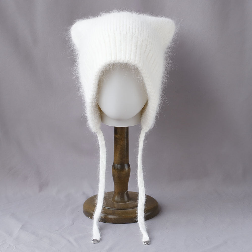Soft Fuzzy Earflap Knit Beanie with Ties 6W6HAT693