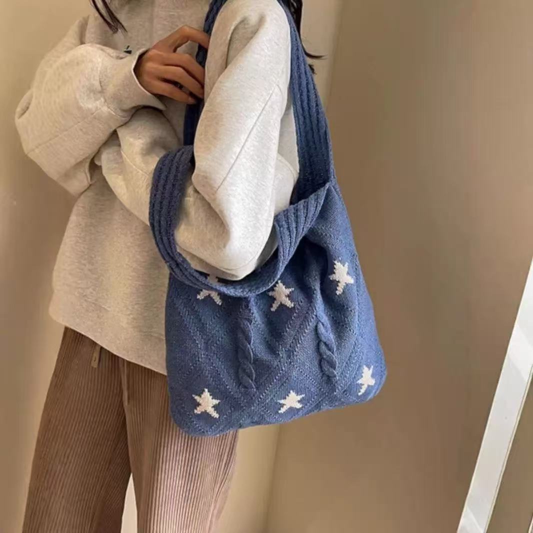 Retro Star Color Block Knit Shoulder Bag 6W10BBG1766