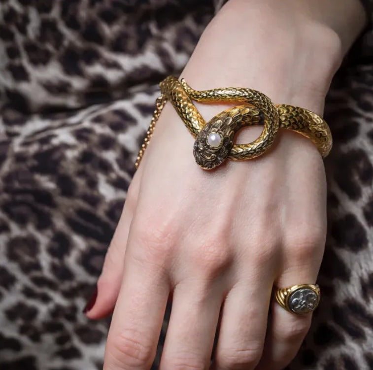 Vintage Gold Snake Bracelet with Pearl Detail DP25F812