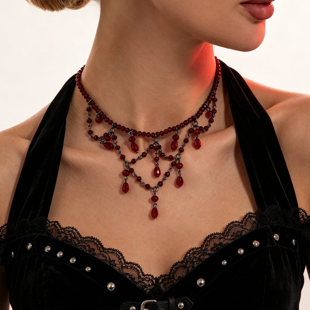 Dark Gothic Blood Red Crystal Beaded Fringe Choker 6W6JNC880