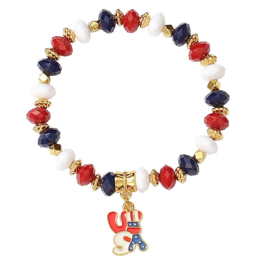 USA Flag Heart Pendant Beaded Chain Bracelet 8ZA6JBR306L