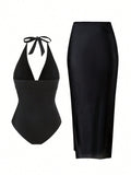V-Neck Halter One Piece Swimwear - DippedShop Wholesale - #6531