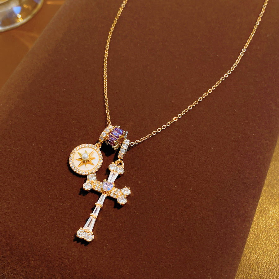 Stylish Gold Plated Rhinestone Cross Pendant Necklace 6W6JNC964
