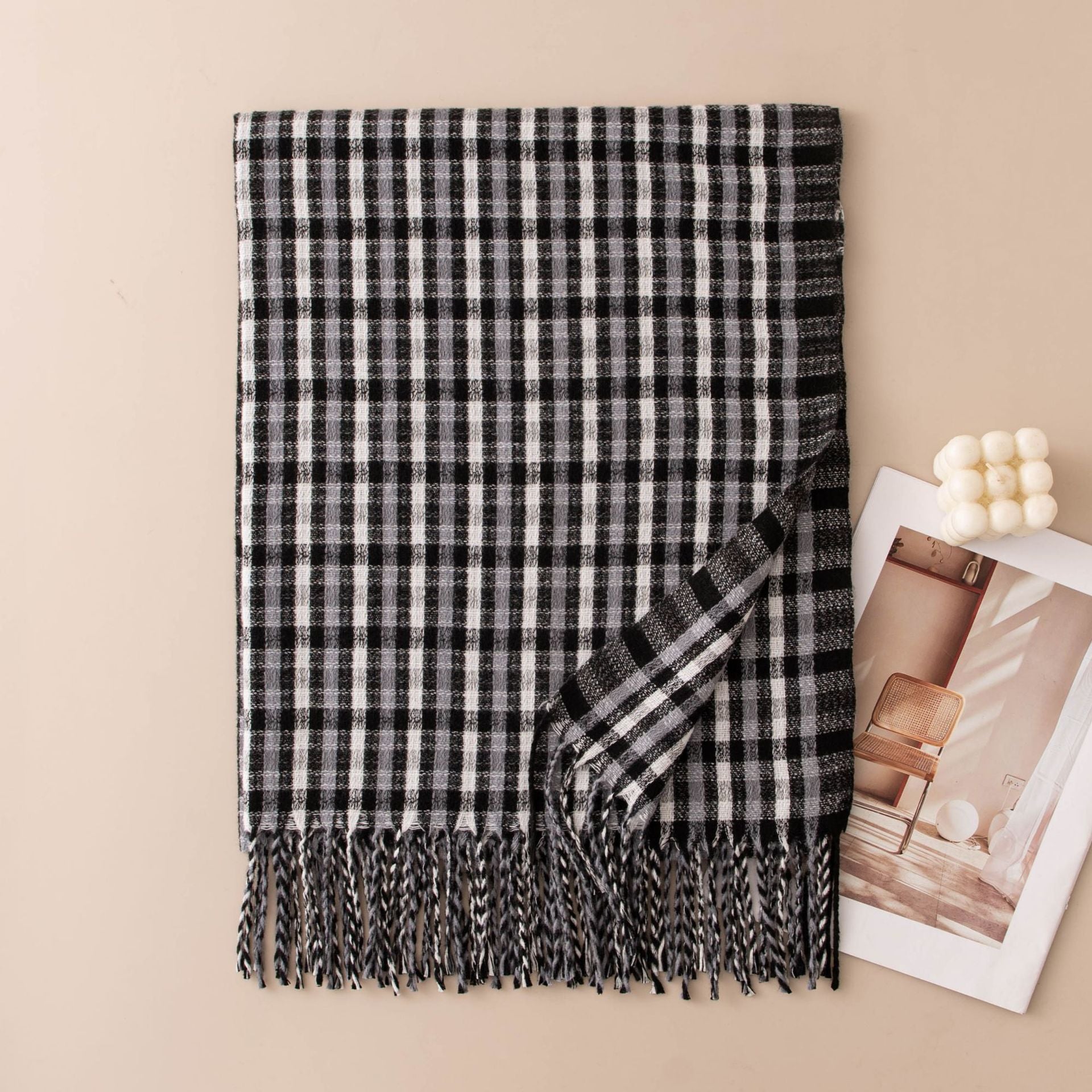 Warm Color Block Plaid Tassel Scarf 6W6NSW285