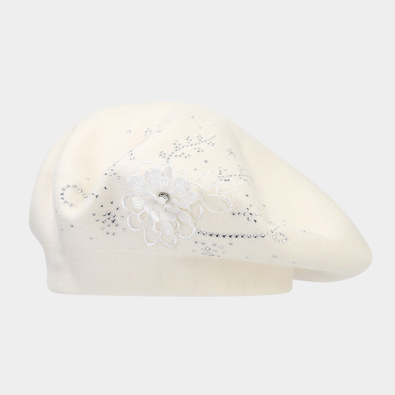 Vintage Rhinestone Floral Embroidery Knit Beret Hat 6W6HAT523