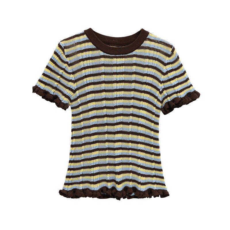 Casual Solid Color Crew Neck Striped Top DP25D407