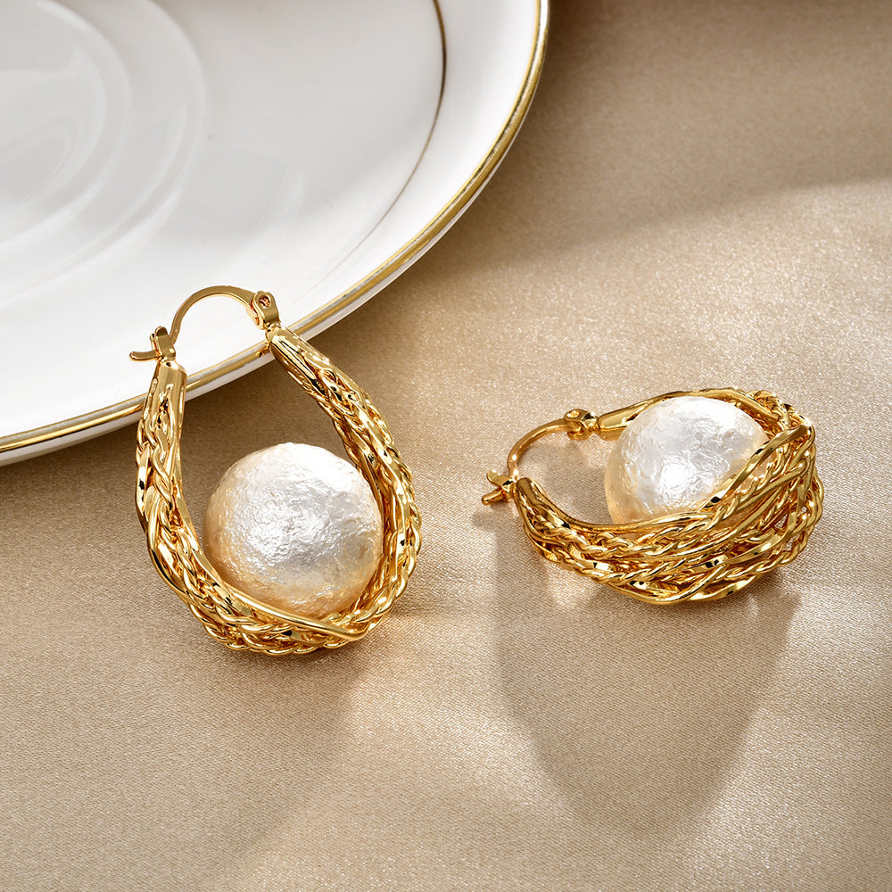 Trendy Pearl Gold Plated Geometric Hoop Earrings 6W6JER940
