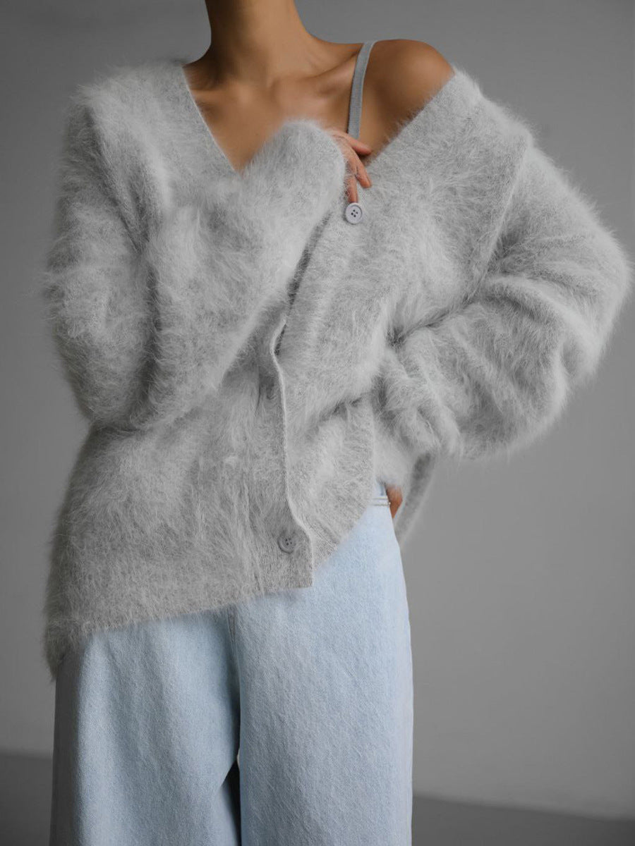 V-Neck Loose Mohair Cardigan - DippedShop Wholesale - #2451