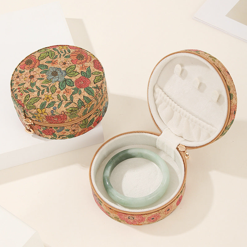 Vintage Flower Print Round Wooden Jewelry Case DP25F863