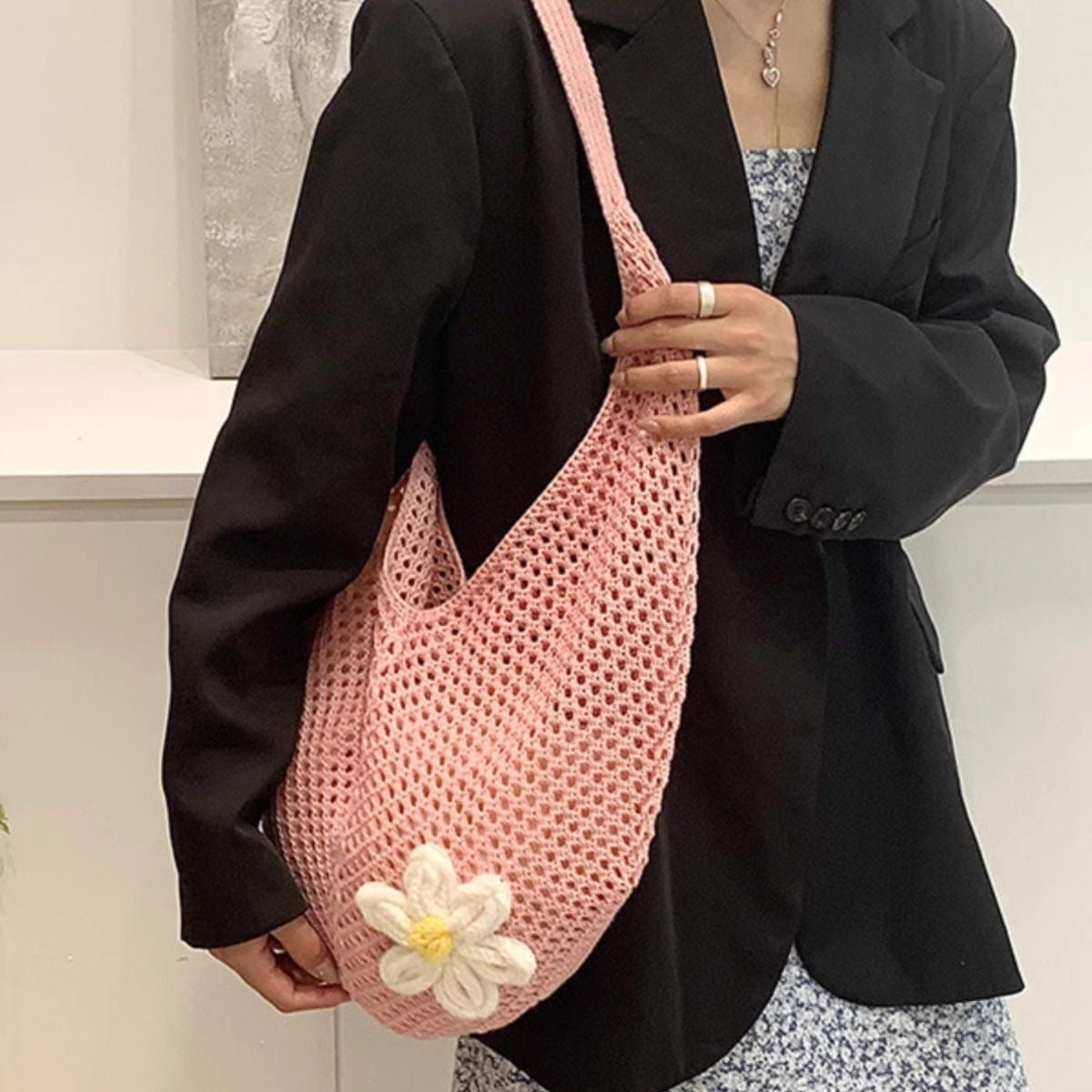 French Floral Large Capacity Knit Shoulder Bag 6W10BBG1762