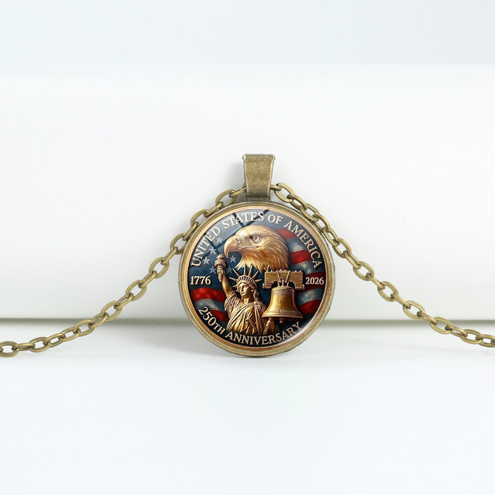 Retro USA Flag Pattern Round Pendant Chain Necklace 8ZA6JNC278T