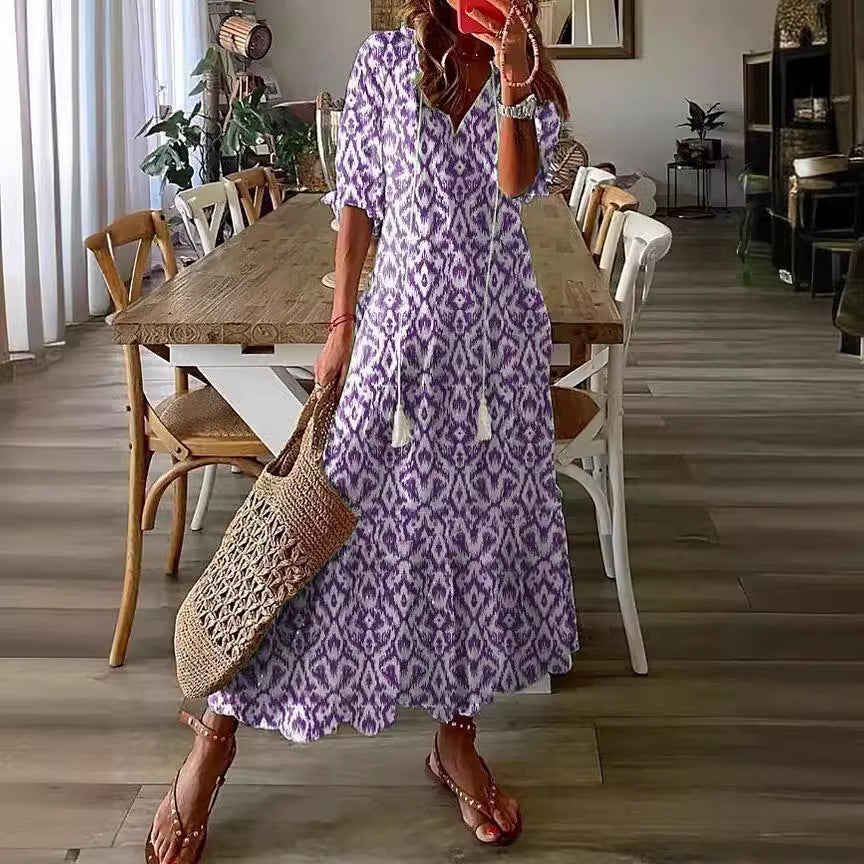V-Neck Print Mid Sleeves Long Dresses DP25D663