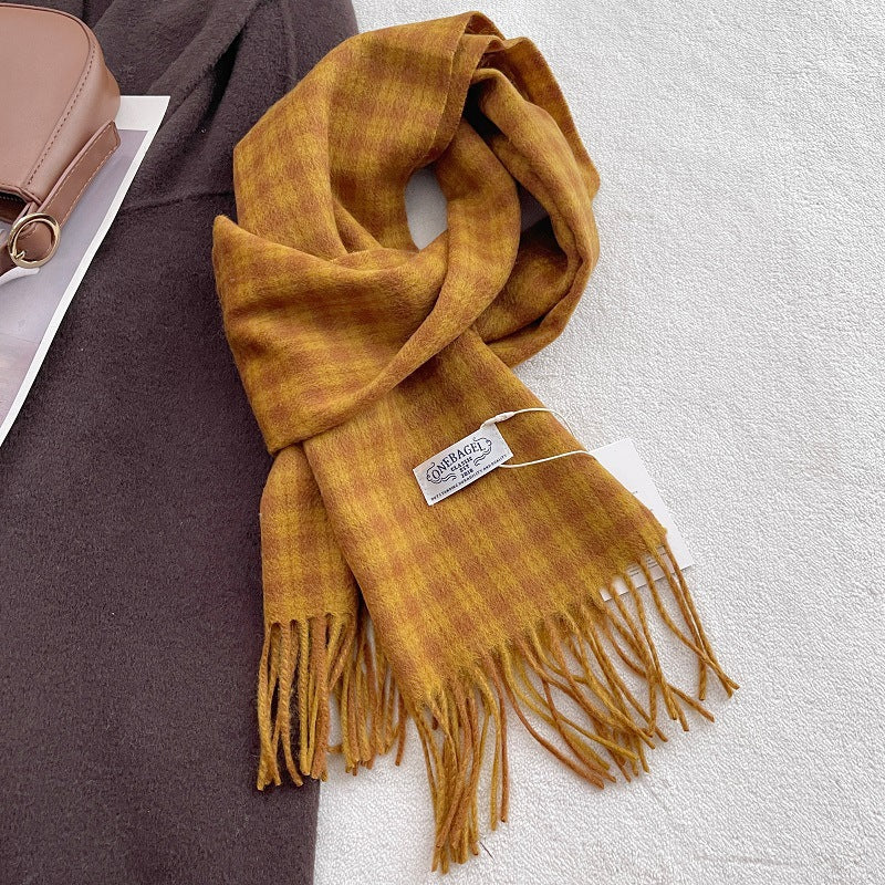 Vintgae Plaid Cashmere-Feel Taseel Warm Scarf 6W6NSC66