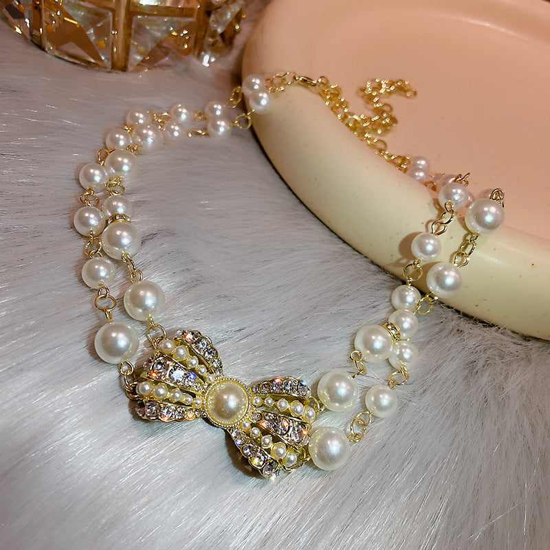 Elegant Double Layer Rhinestones Pearl Pendant Necklace 6W6JNC924