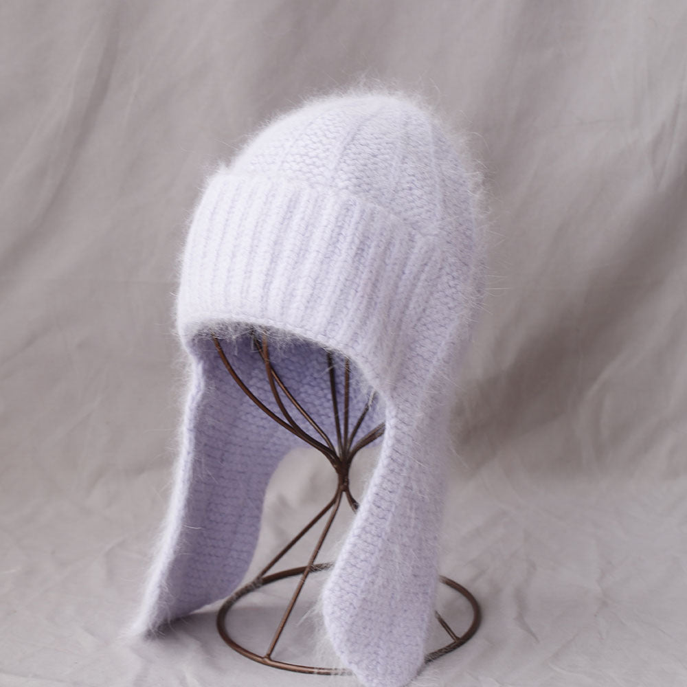 Fuzzy Angora Rabbit Fur Earflap Knit Beanie 6W6HAT691