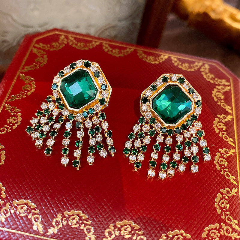 Vintage Emerald Crystal Tassel Dangle Earrings 6W6JER759