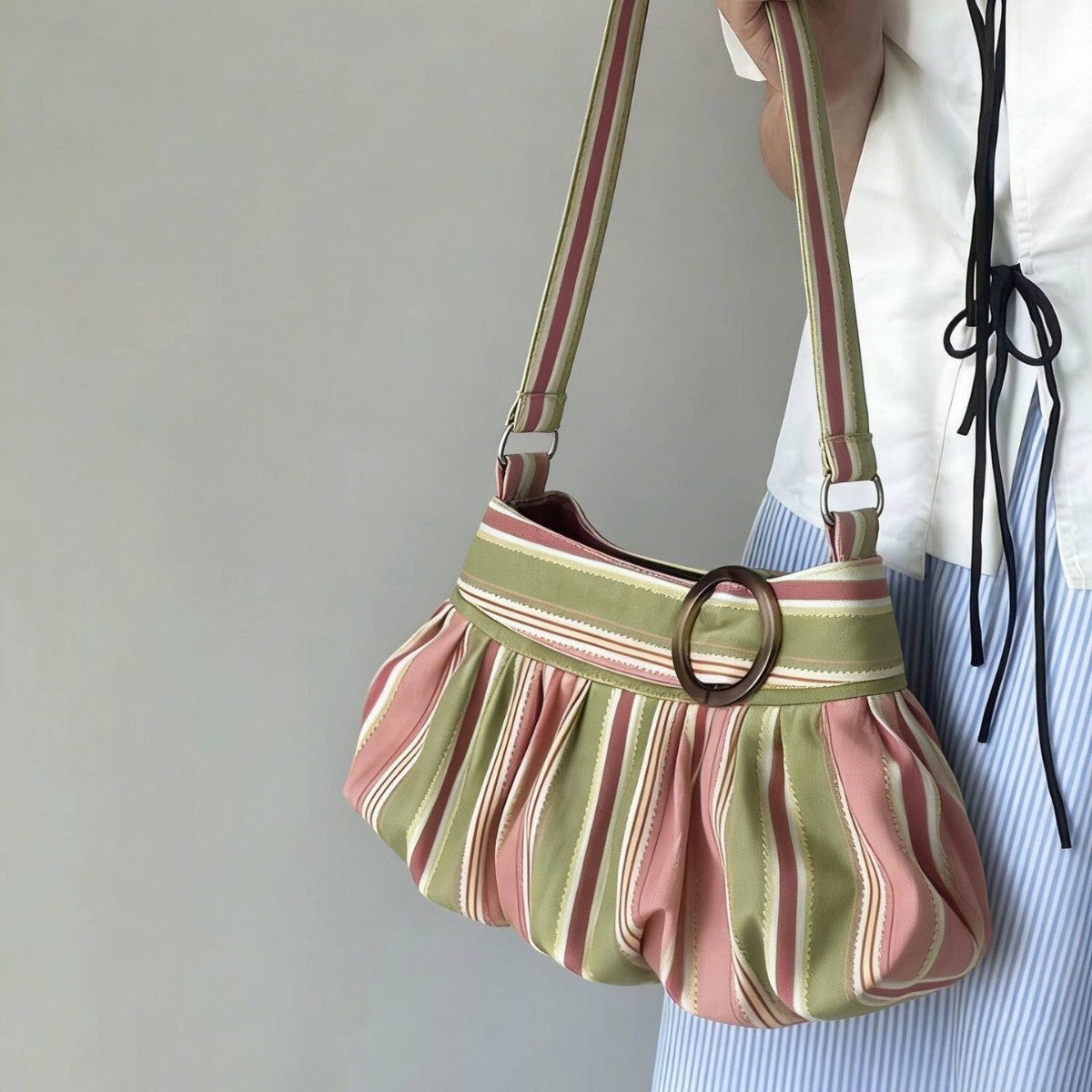Fresh Color Block Striped Ruffled Shoulder Bag 6W10BBG1318