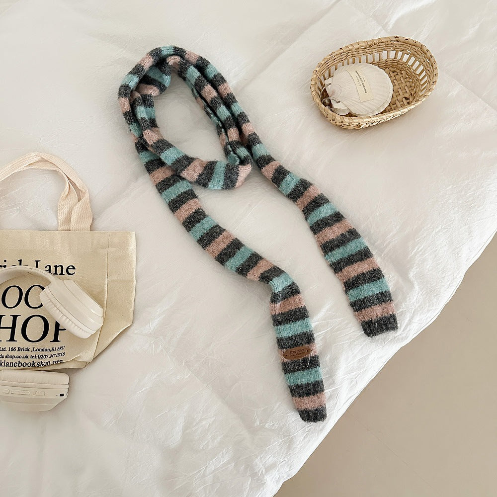 Striped Color Contrast Long Skinny Knit Scarf 6W6NSC86