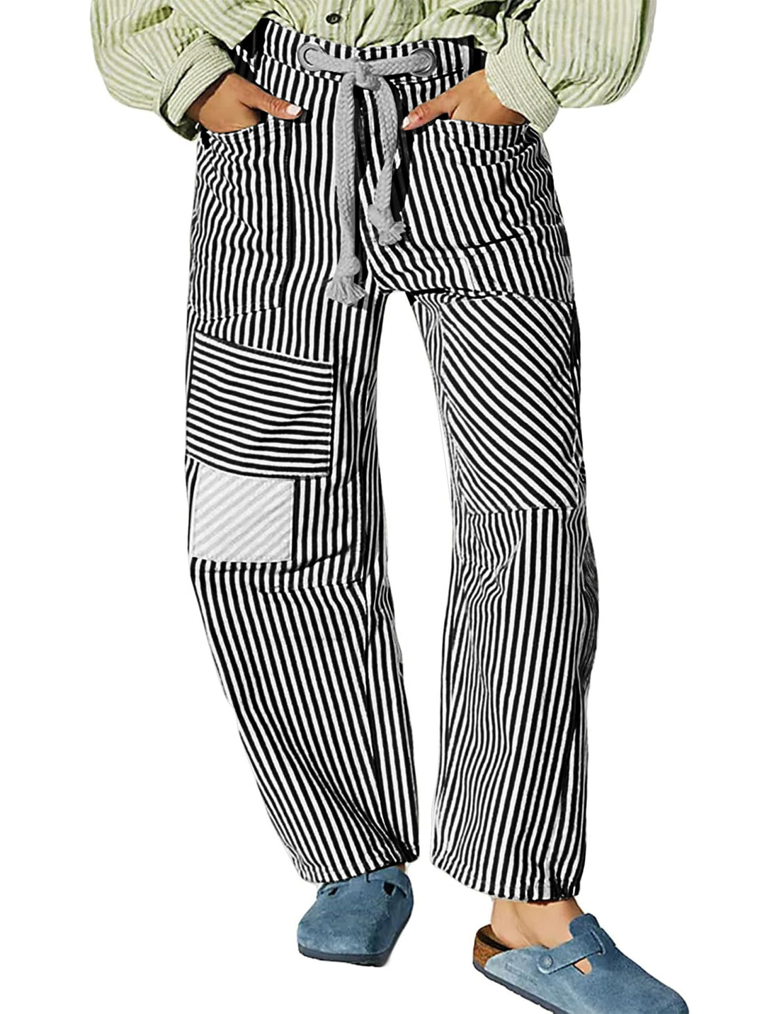 Casual Splice Striped Drawstring Wide Leg Pants DP25D919