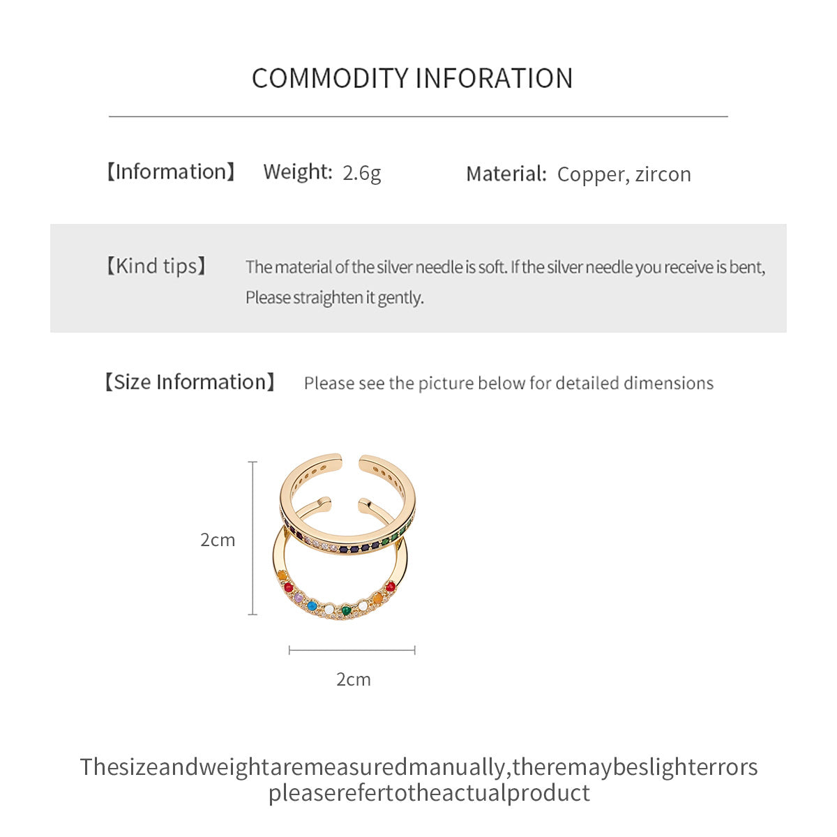 2 Pcs Simple Colorful Cubic Zirconia Open Ring Set 6W6JRG377
