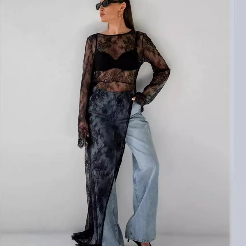 Lace See Through Side Split Long Dress DP25A419