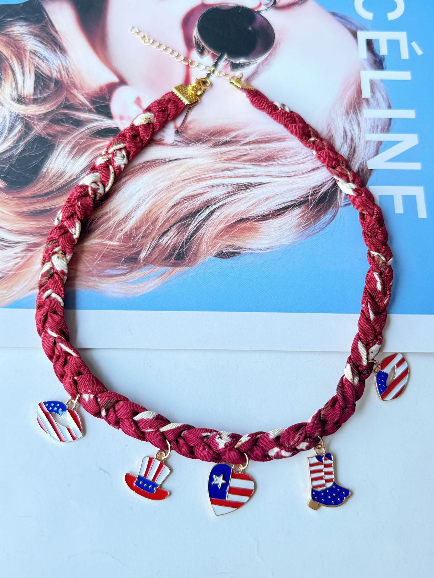 Hand Woven USA Flag Umbrella Pendant Choker Necklace 8ZA6JNC287T