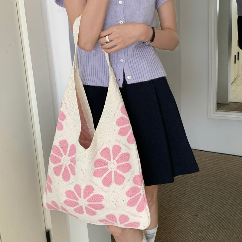 Fresh Color Block Flower Knitted Tote Hnadbag 6W10BBG1789