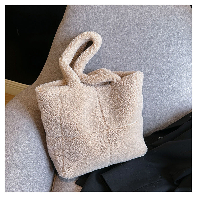 Solid Color Faux Shearling Shoulder Tote Bag 6W10BBG1882