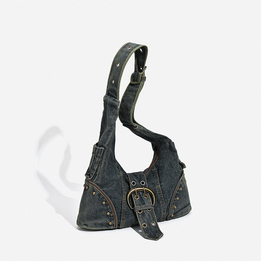 Stylish Washed Denim Stud Splice Underarm Bag 6W10BBG1339