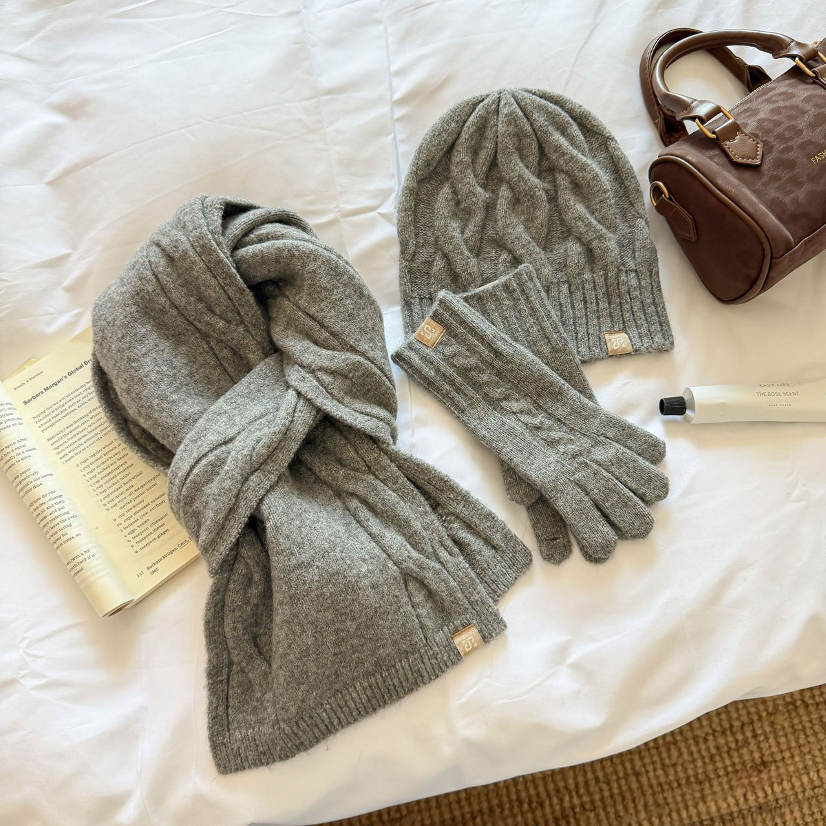 3-Piece Cable Knit Beanie Gloves Scarf  Set 6W6NSC101