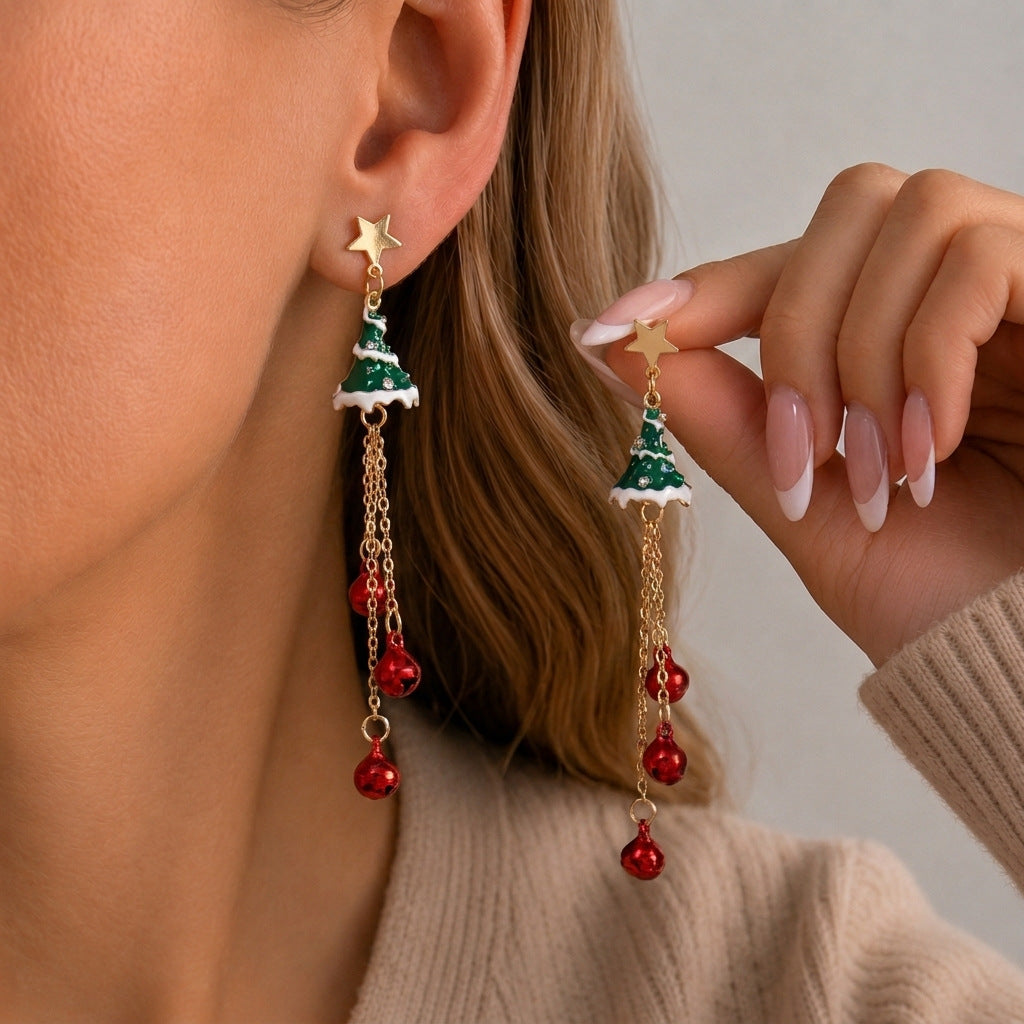 Cute Christmas Snowflake Bell Tassel Dangle Earrings 6W6JER683