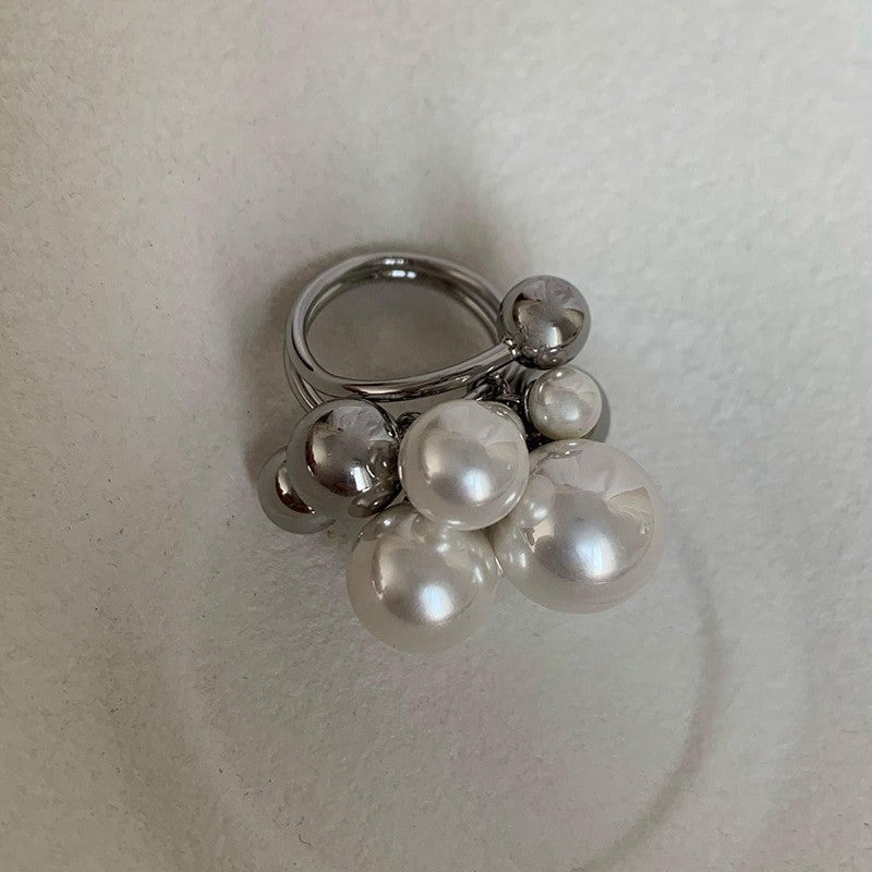 Trendy Double Layer Exaggerated Pearl Statement Ring 8ZA6JRG128L