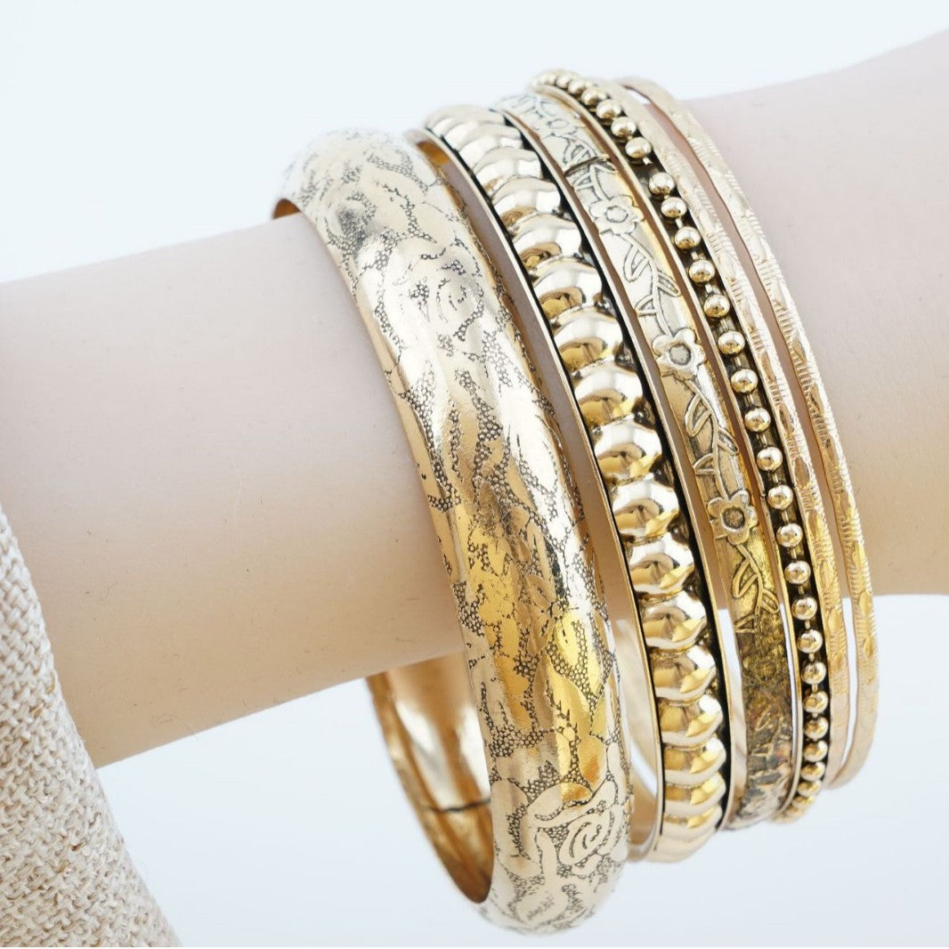 Chunky Embossed Gold Plated Multi-Layer Bracelet Set 6W6JBR618