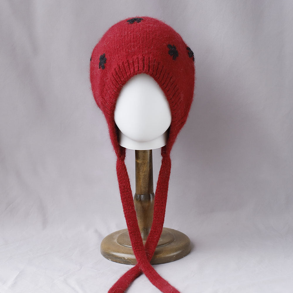 Floral Jacquard Angora Knit Bonnet With Ties 6W6HAT699