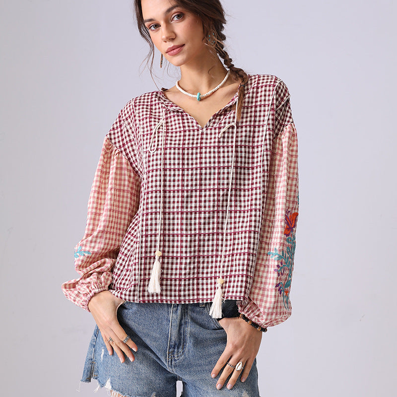 Floral Embroidered Plaid String Top DP25C875