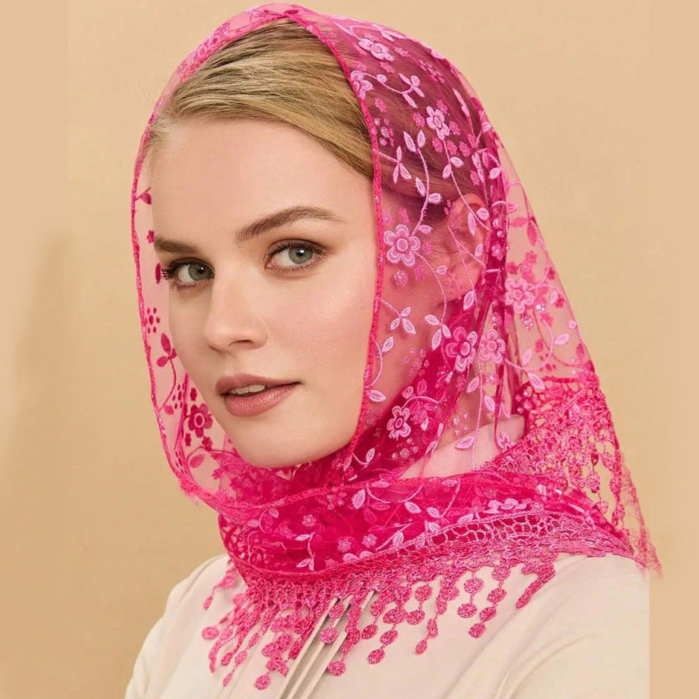 Solid Color Floral Lace Triangle Veil Head Scarf MK2BK6W6HHS23