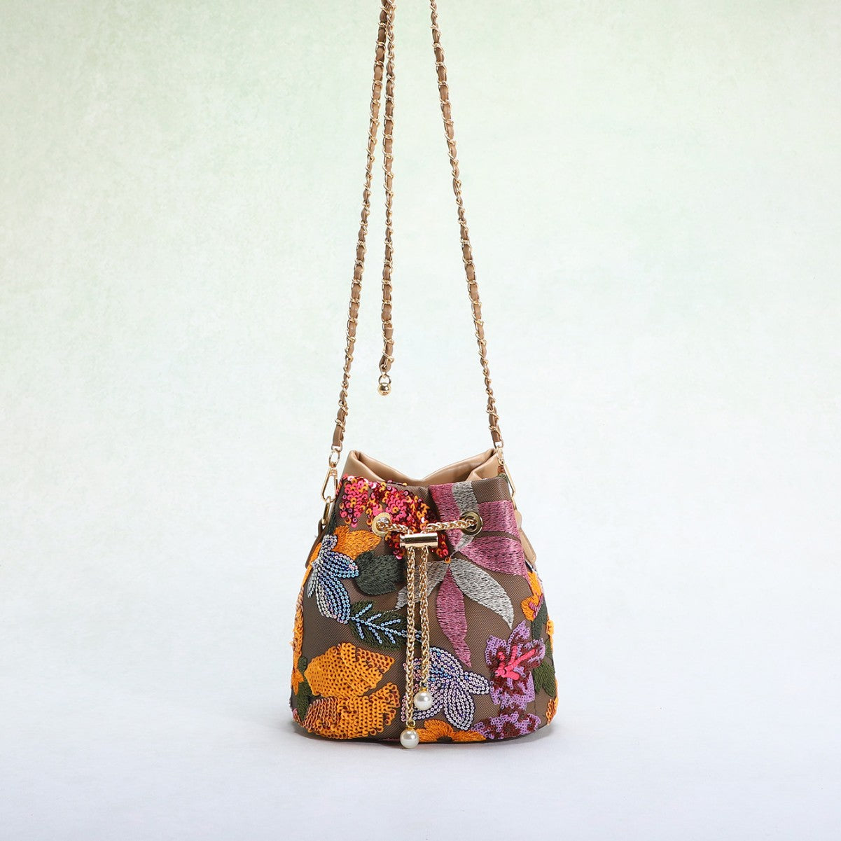Flower Embroidery Sequin Bucket Bag - DippedShop Wholesale - #9939