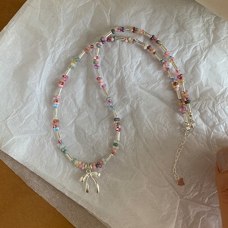 Colorful Crystal Bowknot Pendant Beaded Necklace 6W6JNC443